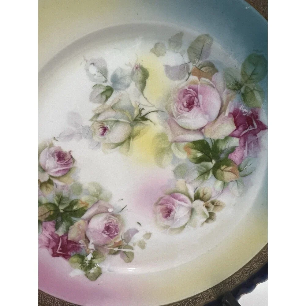 Vintage Hand Painted Porcelain Blue Bright Plate Roses Gold Gilt Scalloped Edge